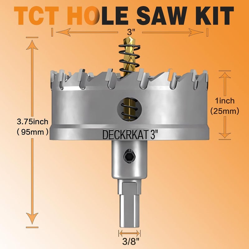 DECKRKAT 3" TCT Hole Saw for Hard Metal, Heavy Duty 75mm Tungsten Carbide Tipped Hole Cutter with Spring-Loaded Pilot Drill Bit for Stainless Steel, Metal, Iron, and Plastic - Image 2